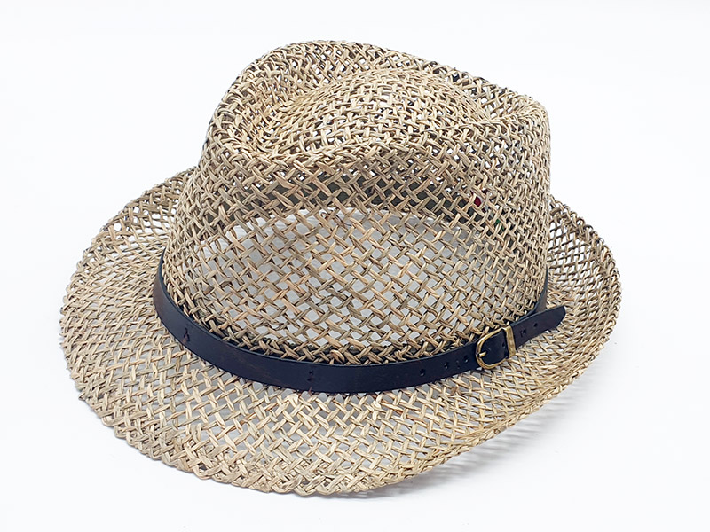 Cappello paglia stile borsalino ala stretta con cinturino in cuoio
